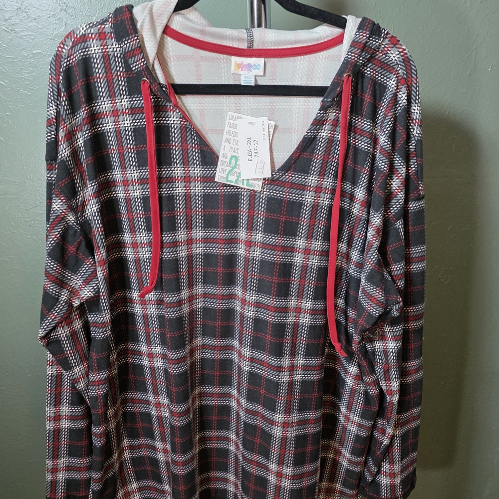 LuLaRoe Eliza Black, Red, White Plaid Hoodie Top